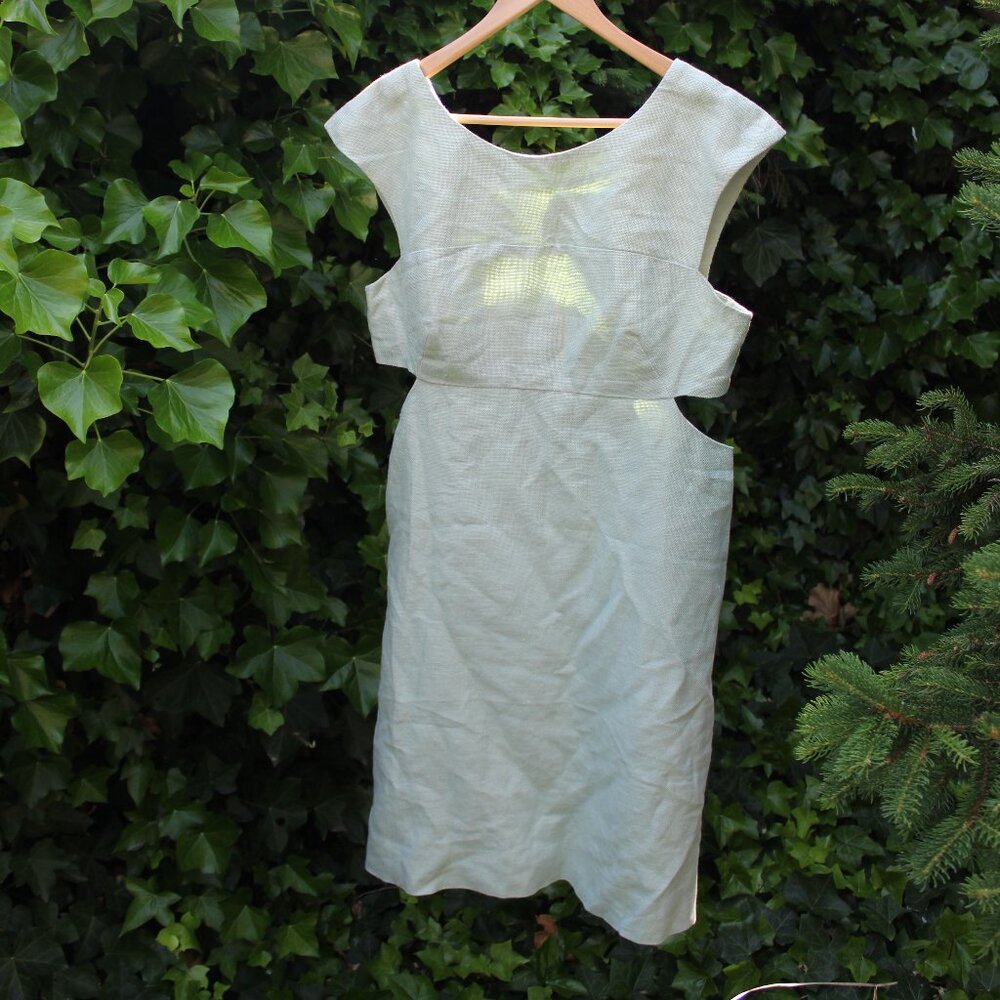 VGUC Anthropologie Maeve Pastel Green Gold‎ Linen Blend Cutout Dress Size 12